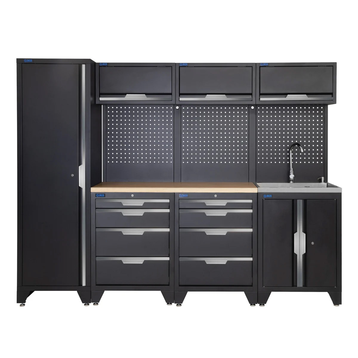 SGS 10pc Garage Storage System | 8 Drawers | Pressed Wood Worktop | Tall Single Cabinet | Sink Unit | 3x Upper Cabinets